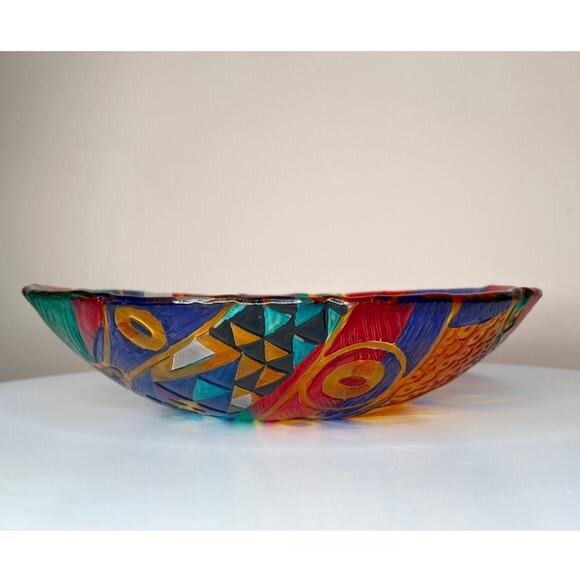 VTG Postmodern Gustav Klimt Inspired Hand Painted Art Glass Abstract Bowl - Picture 5 of 7